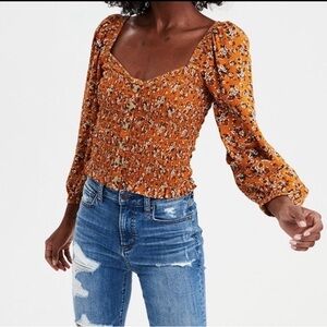 American Eagle Long Sleeve Smocked Peasant Crop Blouse, Size M, Marigold
